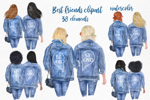 Best Friends Girls in Jeans Clipart: Authentic Watercolor Design Assets