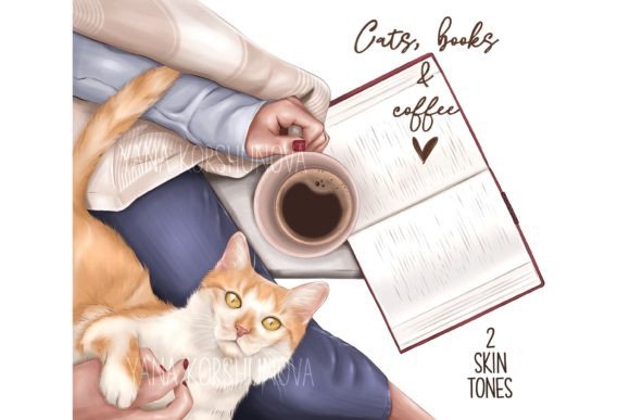 Girl with Cat, Book and Coffee Clipart for Your Creative Projects