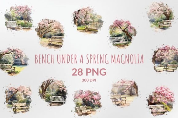 Watercolor Bench Under a Spring Magnolia: Design Inspiration