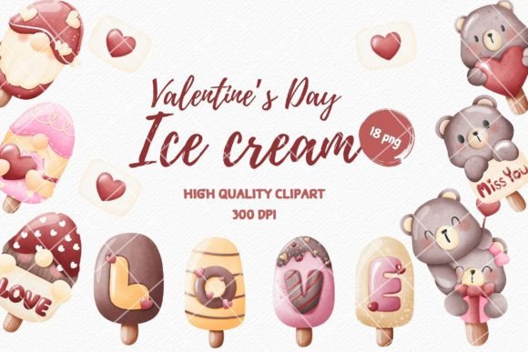 Watercolor Valentine Ice Cream Clipart: Design Sweetness